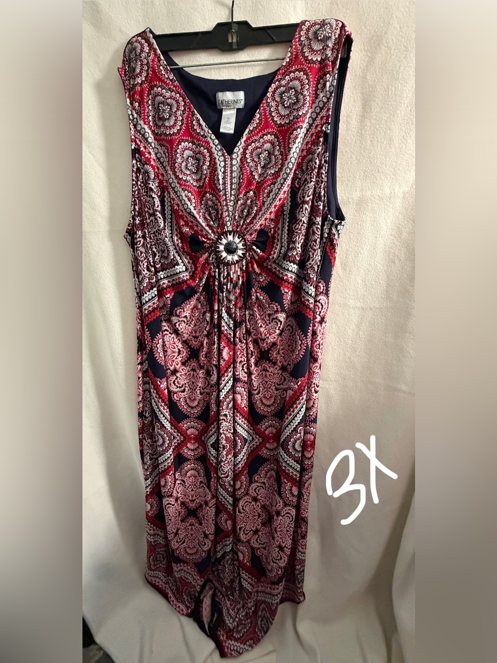 Sleeveless Red & Navy Medallion Maxi Dress with Center Embellishment